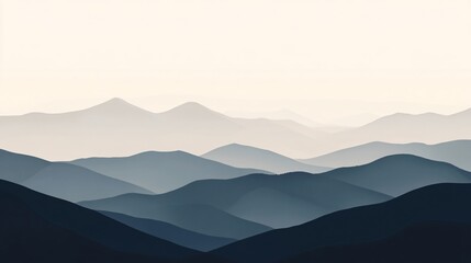 A wall mural of a minimalist mountain range in light and dark gray tones, creating a serene atmosphere