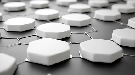 White hexagonal tiles interconnected by a dark gray network evoke a futuristic technological or scientific concept. Suitable for visualizing data networks, blockchain, or nanotechnology.