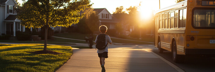 A young boy with a backpack walks towards a yellow school bus under warm morning light in a suburban neighborhood, depicting anticipation and daily routines.