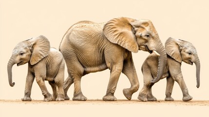Fototapeta premium A mother elephant walks with her two calves on a light beige background. Suitable for children's books, wildlife educational materials, or family-themed designs.