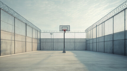 Obraz premium A basketball court is enclosed by tall chain-link fencing topped with barbed wire, emphasizing its isolated and secured nature. The court stands empty under a clear sky
