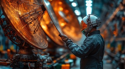 Technician inspecting a satellite dish component in a factory.