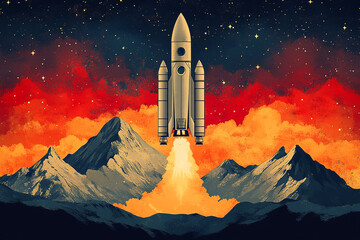 Obraz premium Rocket Launching Over Majestic Mountain Range At Sunset
