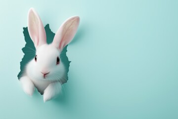 Obraz premium cute white rabbit peeking out of the whole in the wall