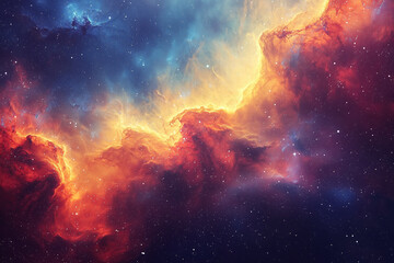 Obraz premium A vibrant cosmic nebula with swirling clouds of red, orange, and yellow gases. The interplay of colors and light creates a stunning and dynamic celestial scene.