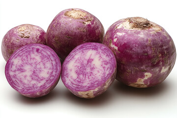 Three Purple Turnips And Two Halves Displayed