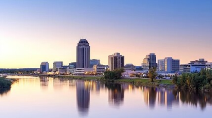 Obraz premium City skyline at sunset reflecting on a calm river.