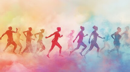 Fototapeta premium Dynamic silhouettes of runners emerge through vibrant, colorful