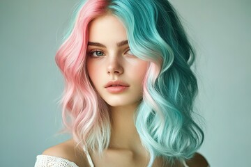 Fototapeta premium Soft waves of pink and blue hair frame serene face, highlighting