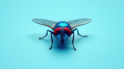 A vibrant blue fly with striking red eyes is captured in a close-up shot. Perfect for insect studies, nature documentaries, or educational materials on entomology.