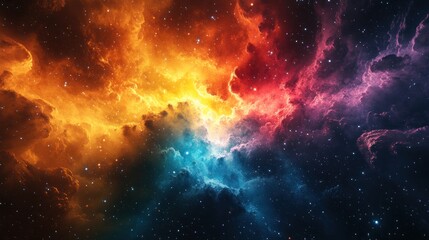 Vibrant nebula in space with orange, red, blue, and teal hues.