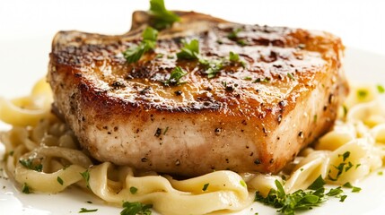 A perfectly seared pork chop resting on a bed of buttery noodles, isolated on a clean white background with parsley garnish