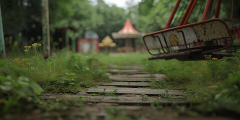 A deserted playground path with overgrown grass and an empty swing, creating a nostalgic and serene atmosphere, symbolizing childhood and peaceful isolation.