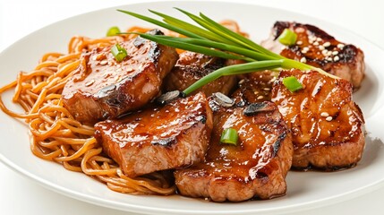 A plate of tender pork chops with stir-fried noodles, isolated on a clean white surface with green onion garnish