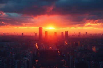 Fototapeta premium Sunset over a bustling city skyline with towering buildings and vibrant colors reflecting on the horizon