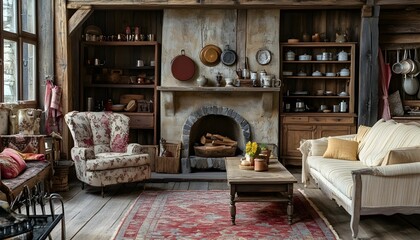 Rustic Vintage Living Room with Fireplace, Cozy Cabin Interior Design
