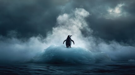 Majestic penguin stands against dark stormy waves, embodying nat