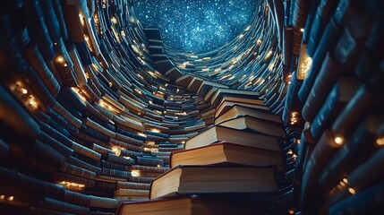 Enchanted Stairs of Books Leading to a Starry Night Sky