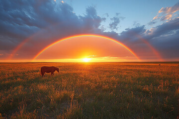 Fototapeta premium Solitary Horse Silhouetted Against Sunset Rainbow