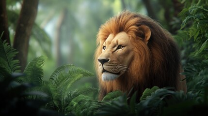 A majestic lion gazes thoughtfully in a lush, green jungle.
