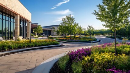 Modern building with vibrant landscaped gardens and paved pathways