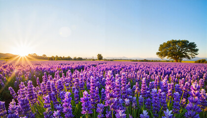 Lavender field at sunset with large tree