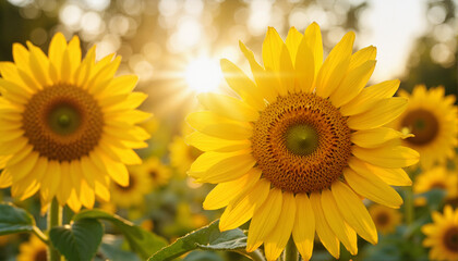 Fototapeta premium Sunflowers blooming in golden sunlight