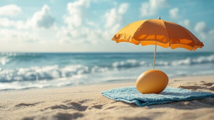 A beach towel under a sun umbrella, resting on an Easter egg, with the ocean waves gently rolling in the background.