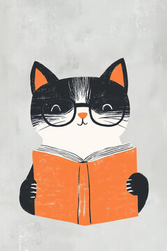 Funny cat with glasses holding an orange book, charming and minimalist hand-drawn illustration, ideal for notebook or journal covers.