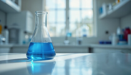 Blue Liquid in Laboratory Flask