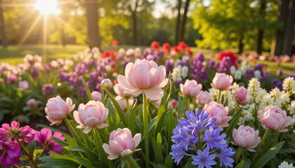 Fototapeta premium Colorful tulip garden blooming in spring sunlight