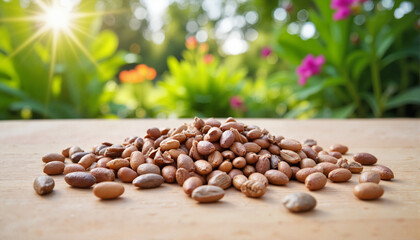 Obraz premium Pile of seeds on wooden table against sunny garden background