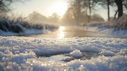 A bright winter landscape in the background evokes a crisp, cold atmosphere, with a close-up of water droplets on a frosty surface.