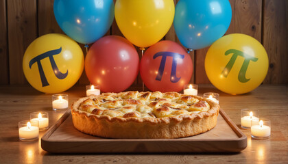 Pie with candles and balloons for Pi Day celebration