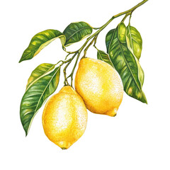 Fresh and Juicy Lemons with Green Leaves on a Branch