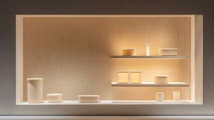 Eco-friendly products with biodegradable production concept. Minimalist display of various cream containers and bottles on illuminated shelves against a neutral background.