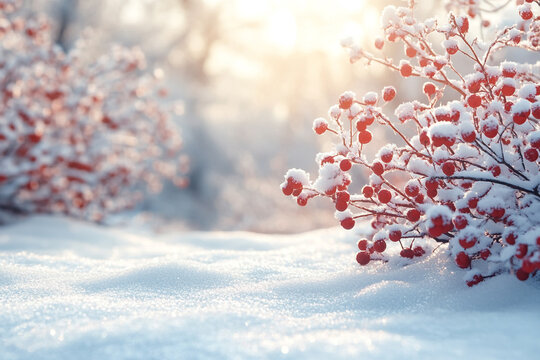 Snow covered branches with red berries in winter sunlight - Powered by Adobe