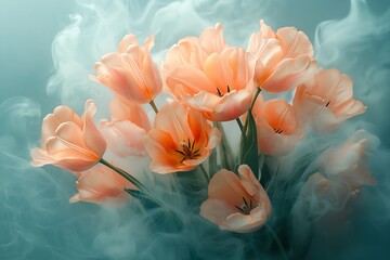 Soft-focus bouquet of tender orange tulips against light background in dreamlike arrangement with muted pastel tones for greeting cards, advertising campaigns, interior design, online content creation