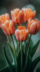 Delicate orange tulips in soft focus. A bouquet of tender orange tulips on a dark background for greeting cards, wallpapers, digital art projects, web design, print media