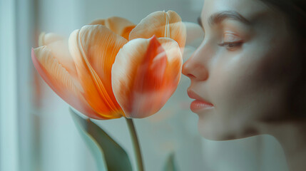 Woman with soft-focus orange tulip with a dreamy background highlighting pearlescent colors and muted pastels for greeting cards, wallpapers, digital art projects, floral ads, web design