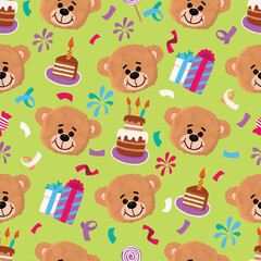 Funny seamless pattern with Teddy Bear, festive dessert, candles, gifts. Vector set of  birthday elements and cute characters. Colorful print on fabric and paper. Flat style cartoon illustration.
