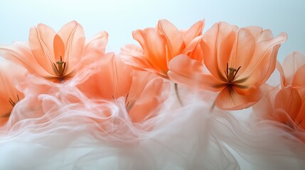 Bouquet of tender orange tulip flowers against white background in dreamlike arrangement with muted pastel tones for greeting cards, advertising campaigns, interior design, web design, print media