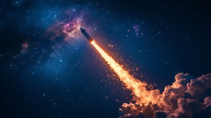 Rocket Launching into Space with Bright Flames and Starry Background