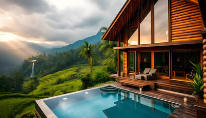 Fototapeta premium A drone photo of an elegant, modern log cabin with a pool and jacuzzi in the middle of lush, green rice fields surrounded by mountains