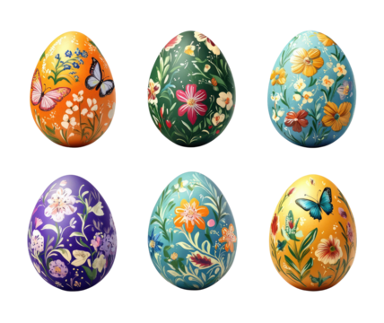 Decorative Easter Eggs with Floral Patterns and Colorful Butterflies