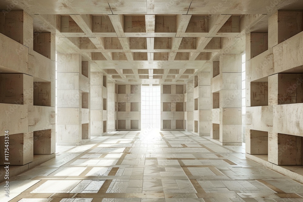 Poster sunlight illuminating modern empty building with geometric patterned floor and square openings in wa