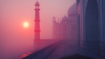 Fototapeta premium Taj Mahal Sunrise Foggy View Majestic Architecture