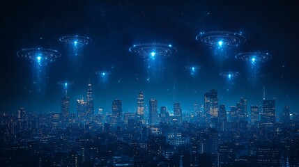 Obraz premium Futuristic Cityscape with UFOs Hovering Over Illuminated Buildings