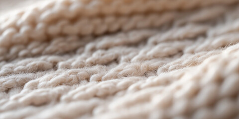 A highly detailed close-up image showcasing the soft, intertwined threads of a beige knitted fabric, highlighting its cozy and textured appearance.