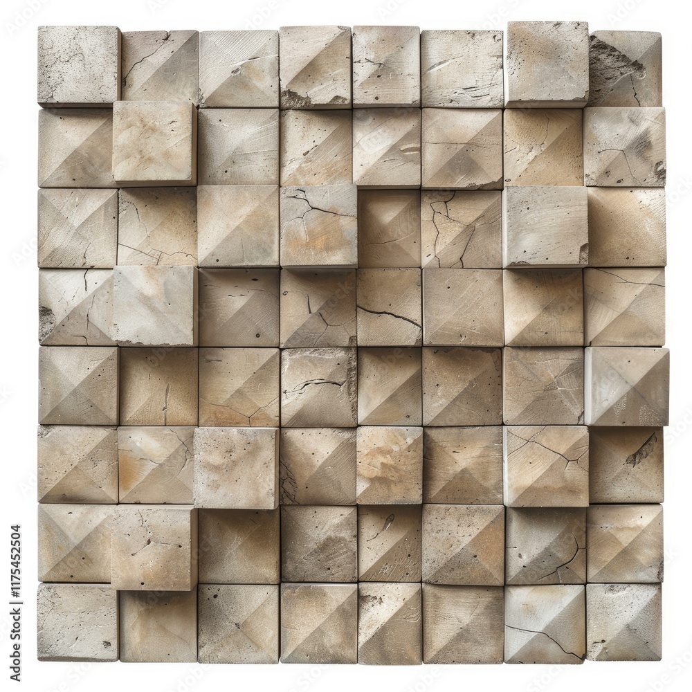 Poster wooden wall panel creating a textured surface with a repeating pattern of pyramid shapes, adding dep